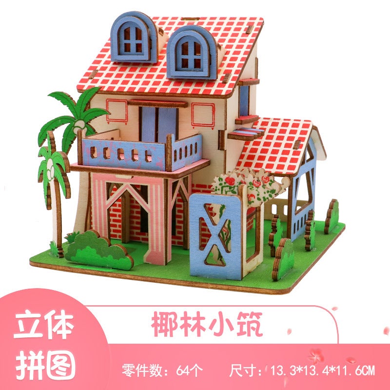 Factory 3D Wooden Three-Dimensional Puzzle Wooden Diy Handmade Toys Assembled Model Blue Dream Island Villa Toys - Image 1