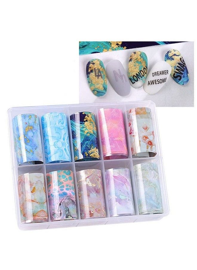 S.A.V.I 10 Rolls Nail Foil Transfer Sticker Diy Holographic Nail Decoration 10 Designs Laser Nail Foil Wraps Decal For Fingernails Women 4X100Cm Each Roll (1 Multicolor Marbles Pattern)  - Image 2
