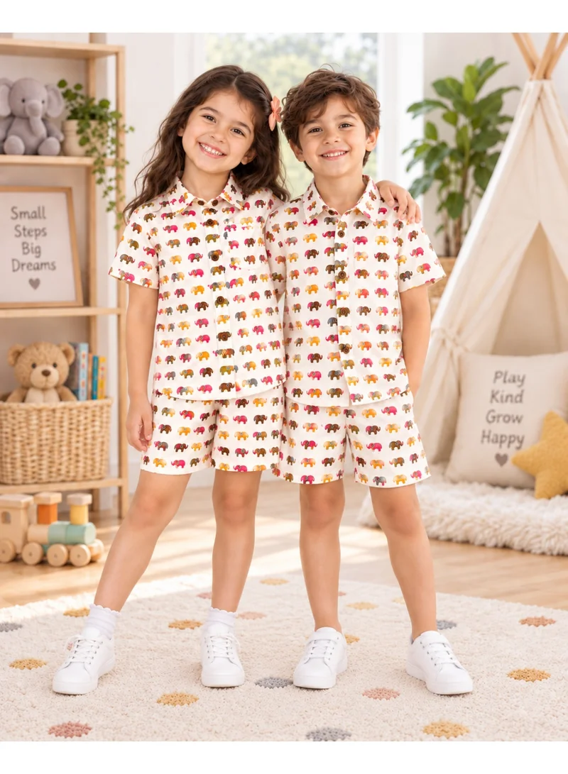 Matching Family Outfits Unisex Kids Colorful Elephant Print Short Sleeve Shirt and Shorts Co-ord Set, 2 Piece, 100% Lightweight Cotton, White