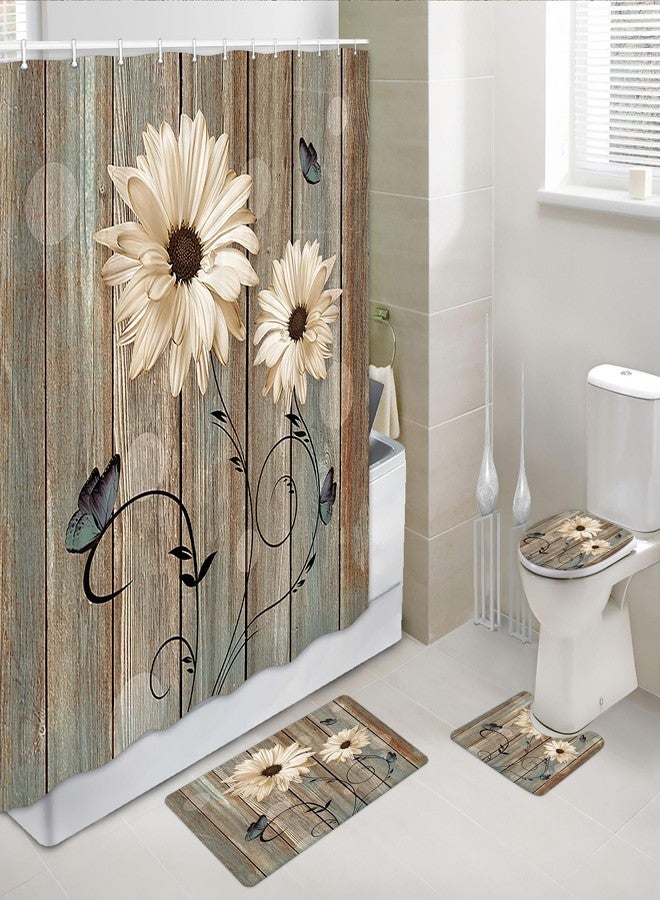 Rustic White Floral Butterflies Shower Curtain Set with Rugs, Barn Wood Vintage Daisy Bathroom Accessories Sets Non-Slip Mats, Bath Curtains with Bath Mats and Toilet Lid Seat Cover