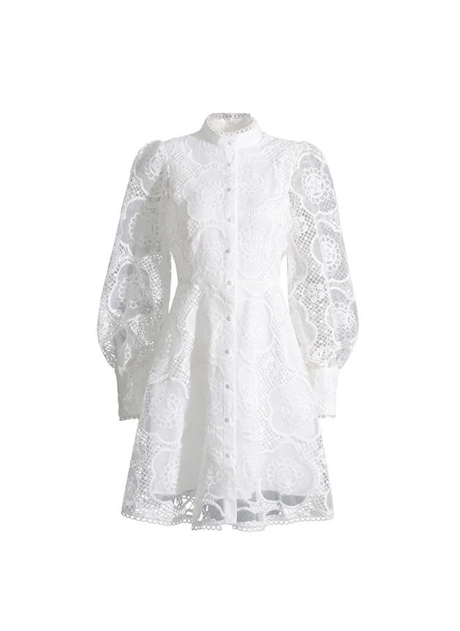 Madam Uniq French Vintage Court Style Lace Embroidered A-Line Dress for Women - Flattering Waist-Defined Short Skirt
