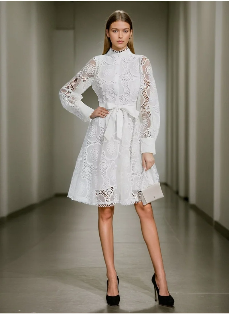 Madam Uniq French Vintage Court Style Lace Embroidered A-Line Dress for Women - Flattering Waist-Defined Short Skirt