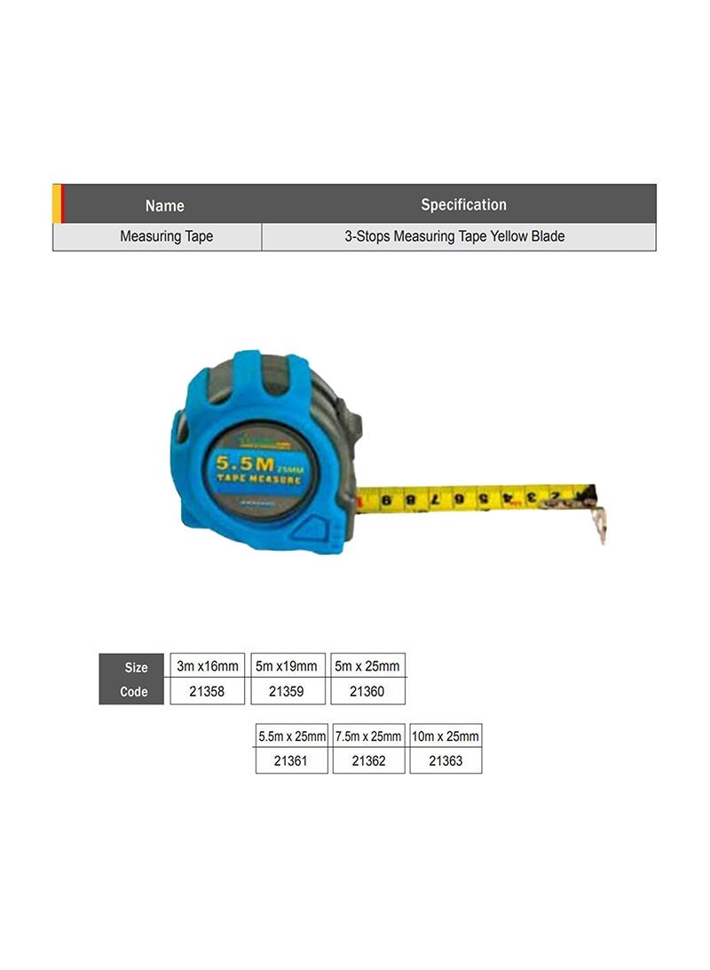 Starex Measuring Tape 10mx25mm Rubber Grip Yellow Blade 3 Stop D/Blister