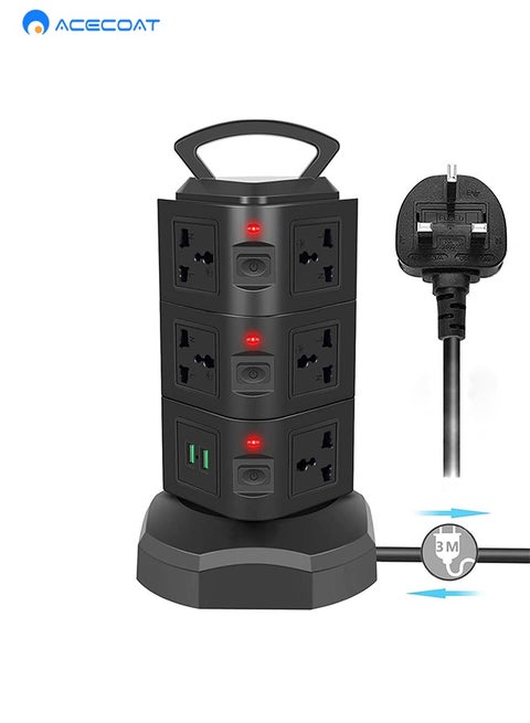 UK Vertical Multi-Outlets With 11 AC Outlets 2 USB Retractable Multifunctional Creative Vertical Power Strip With 2m Extension Cord Porous Universal Smart Socket With Independent Switch 5V 2.1A