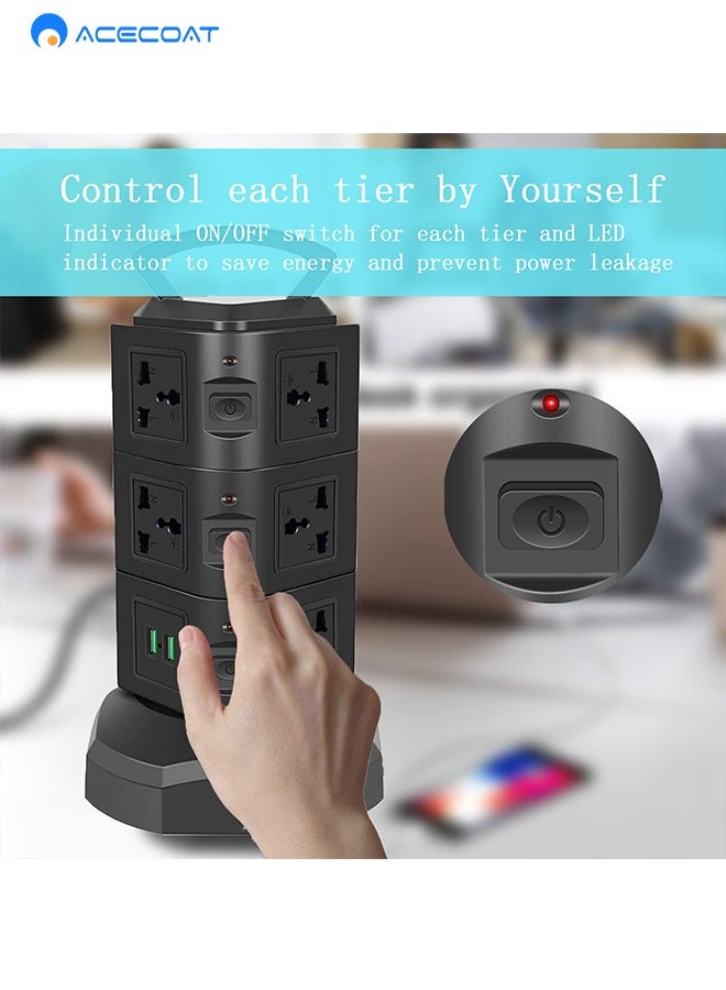 UK Vertical Multi-Outlets With 11 AC Outlets 2 USB Retractable Multifunctional Creative Vertical Power Strip With 2m Extension Cord Porous Universal Smart Socket With Independent Switch 5V 2.1A