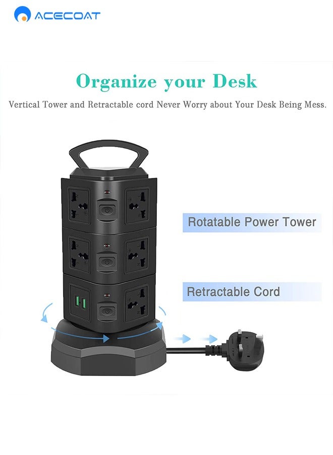 UK Vertical Multi-Outlets With 11 AC Outlets 2 USB Retractable Multifunctional Creative Vertical Power Strip With 2m Extension Cord Porous Universal Smart Socket With Independent Switch 5V 2.1A