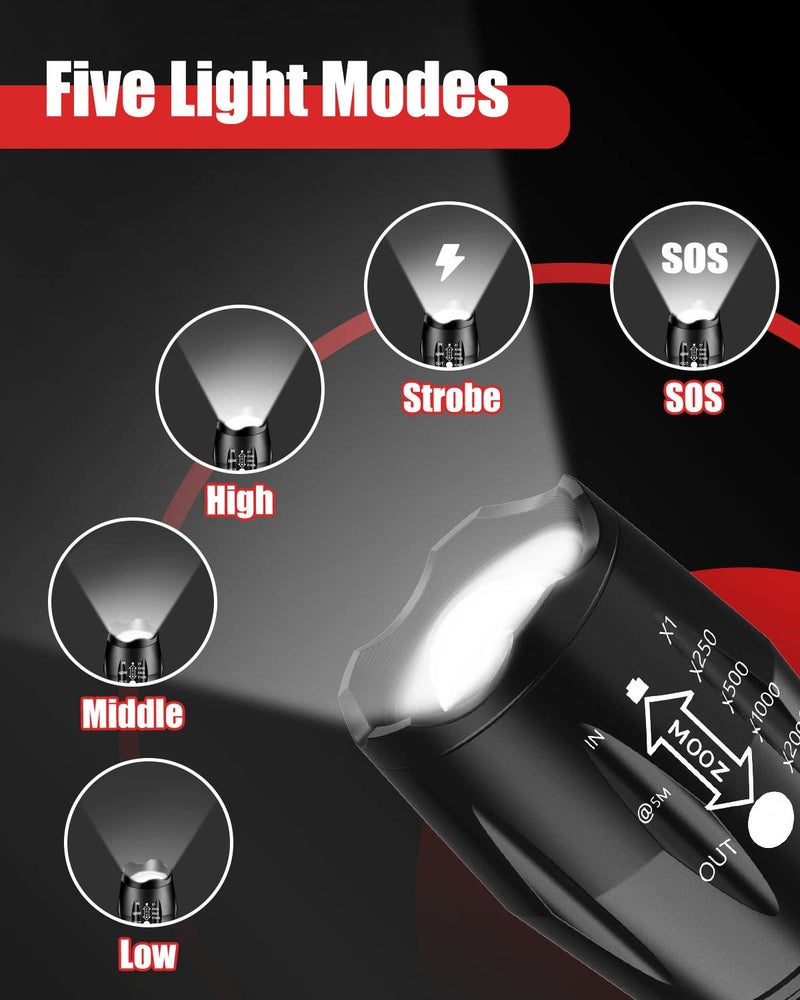 Victoper LED Flashlight 4 Pack, Bright 2000 Lumens Tactical Flashlights High Lumens with 5 Modes, Waterproof Zoomable Flash Light for Outdoor, Gifts for Student Dorm Camping Essentials Camper Gear - Image 4
