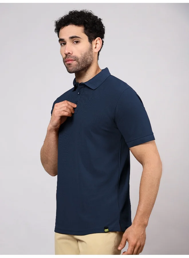 بيونغ Men's Regular Fit Half Sleeve Soild Casual Navy Blue Polo T-shirt