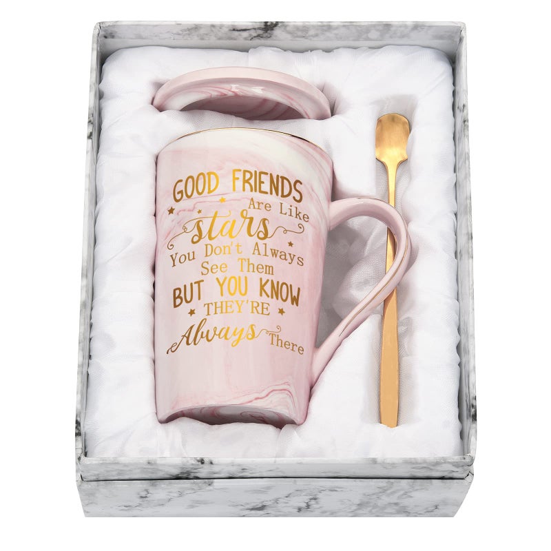 Joymaking Friendship Coffee Mug Set with Gift Box  Good Friends are Like Stars 14 Oz Pink Marble Mug Tea Cup Sister Gifts for Her Girls Friend Birthday
