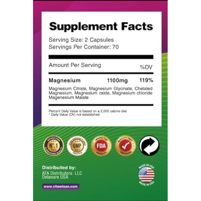 Vitamisan High Absorption Magnesium 6 Forms of Magnesium Citrate Chelated Glycinate Chloride Malate Oxide 140 Capsules Gluten Free Non GMO - Image 2