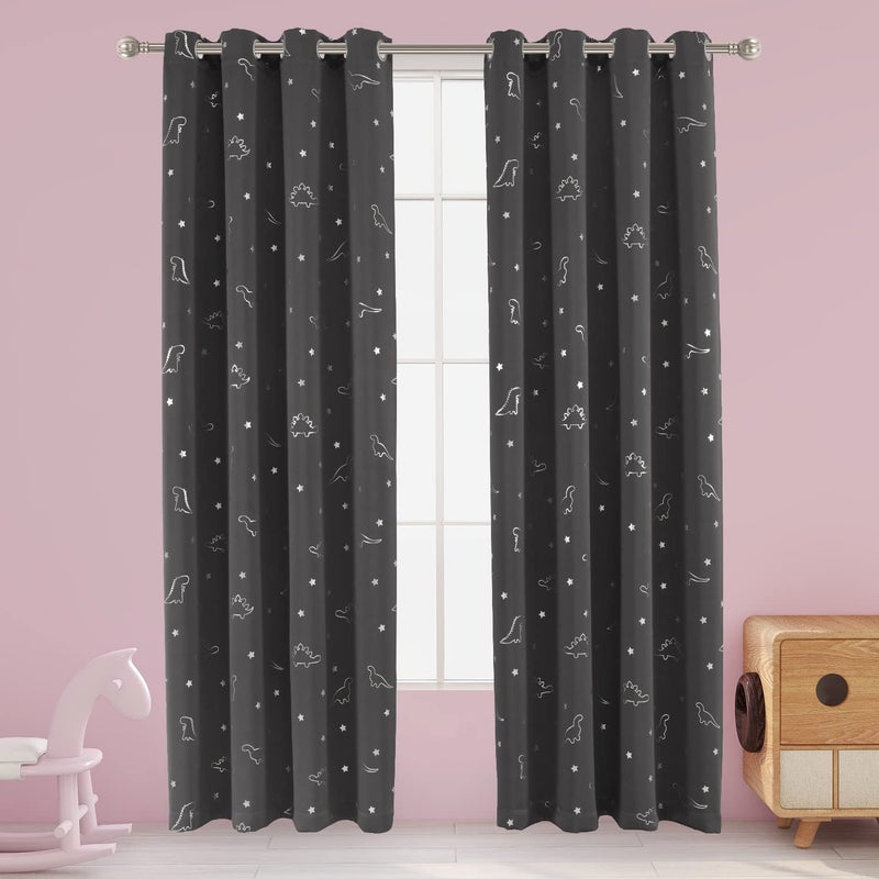 LORDTEX Dinosaur and Star Foil Print Blackout Curtains for Kids Room Thermal Insulated Curtains Noise Reducing Window Drapes for Boys and Girls Bedroom 52 x 95 Inch Grey Set of 2 Panels