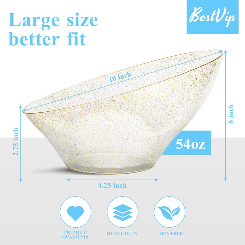 BESTVIP 54oz Clear with Gold Glitter Serving Bowls for Party - 12 Pack Angled Disposable Serving Bowls for Chips, Snacks, Fruit, Salad - Decorative Catering Bowls for Daily Use,Halloween, Christmas - Image 2