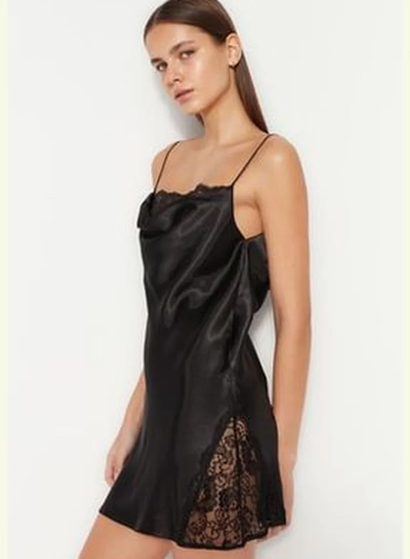 trendyol Black Lace and Degaje Detailed Satin Woven Nightgown.
