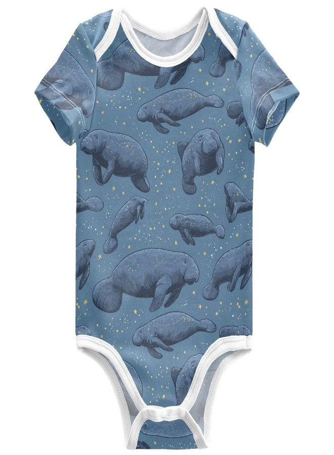 Pigsaly Cartoon Grey Manatees Unisex Baby Bodysuits Blue Waves Hearts Newborn Short Sleeve Summer Jumpsuit Boy Girl 9M - Image 1