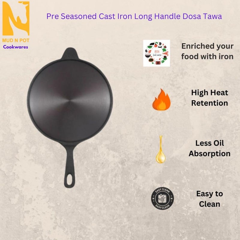 MUD N POT Pre Seasoned cast Iron Dosa Tawa Elegant Roti Pan Heritage Single Handle Vintage Non Seasoning Smooth Finish Naturally Polished Long Handle - Image 4