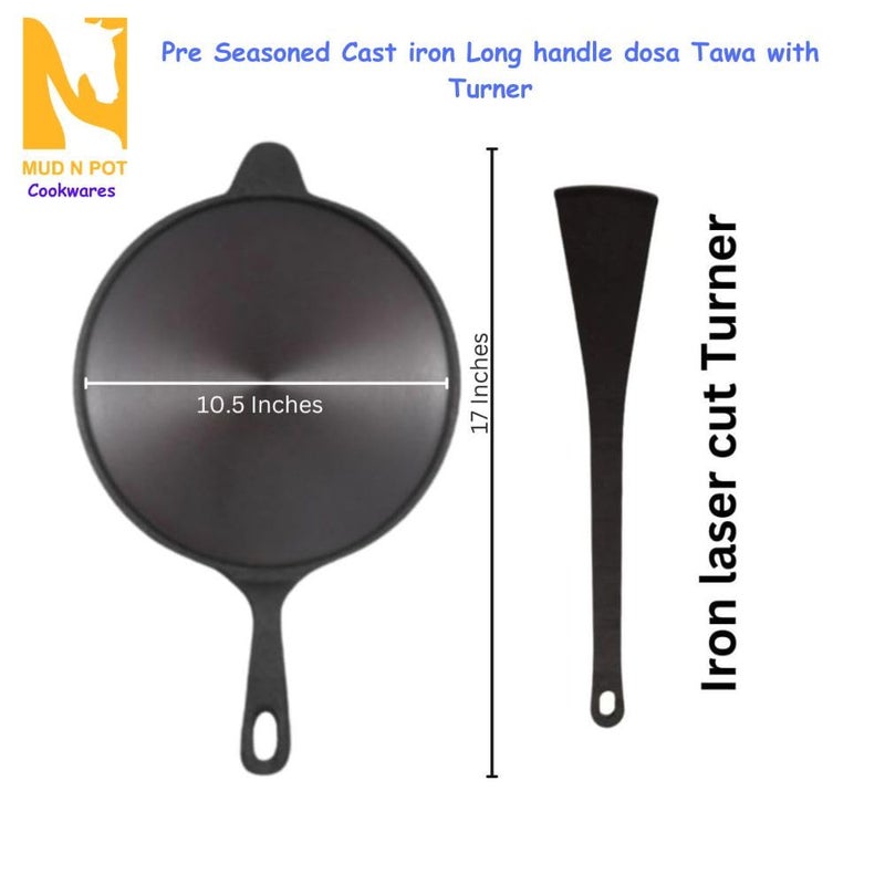 MUD N POT Pre Seasoned cast Iron Dosa Tawa Elegant Roti Pan Heritage Single Handle Vintage Non Seasoning Smooth Finish Naturally Polished Long Handle - Image 3
