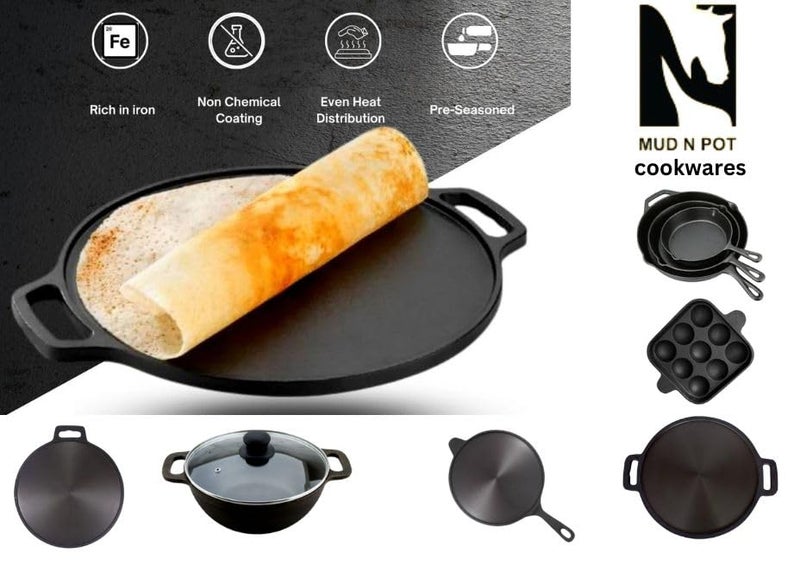 MUD N POT Pre Seasoned cast Iron Dosa Tawa Elegant Roti Pan Heritage Single Handle Vintage Non Seasoning Smooth Finish Naturally Polished Long Handle - Image 5