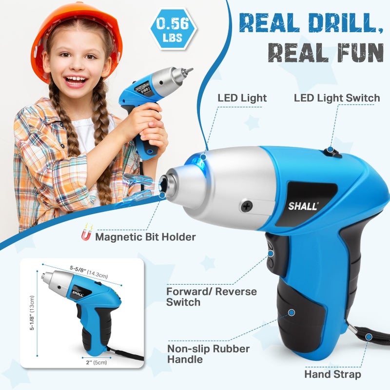 SHALL 47-Piece Kids Real Cordless Power Drill Set, Safety Certified Electric Screwdriver W/Screwdriver Drill Bits, Socket, Flexible Shaft, Carrying Case, DIY Construction Tool Kit for Children Age 8+ - Image 4