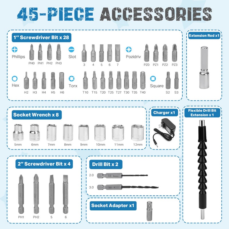 SHALL 47-Piece Kids Real Cordless Power Drill Set, Safety Certified Electric Screwdriver W/Screwdriver Drill Bits, Socket, Flexible Shaft, Carrying Case, DIY Construction Tool Kit for Children Age 8+ - Image 3