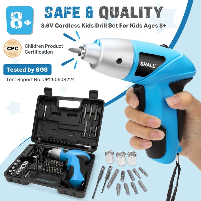 SHALL 47-Piece Kids Real Cordless Power Drill Set, Safety Certified Electric Screwdriver W/Screwdriver Drill Bits, Socket, Flexible Shaft, Carrying Case, DIY Construction Tool Kit for Children Age 8+ - Image 2