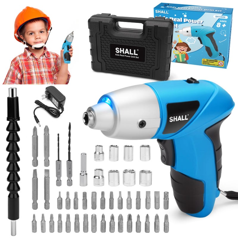 SHALL 47-Piece Kids Real Cordless Power Drill Set, Safety Certified Electric Screwdriver W/Screwdriver Drill Bits, Socket, Flexible Shaft, Carrying Case, DIY Construction Tool Kit for Children Age 8+ - Image 1