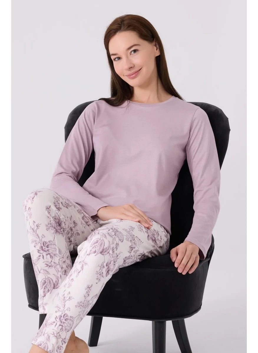 Arnetta Women's Lilac Long Sleeve Seasonal Pajama Set, Plain Top and Floral Printed Bottom