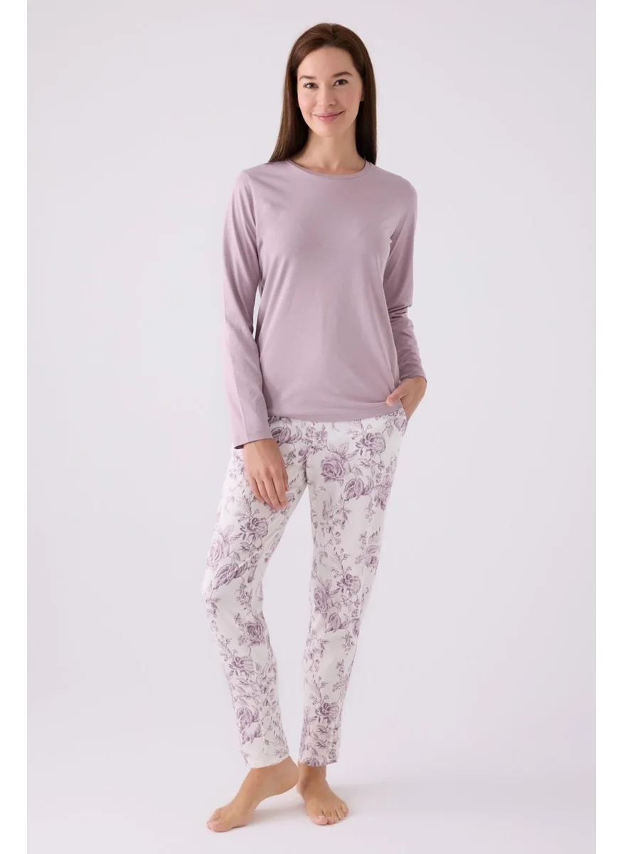 Arnetta Women's Lilac Long Sleeve Seasonal Pajama Set, Plain Top and Floral Printed Bottom