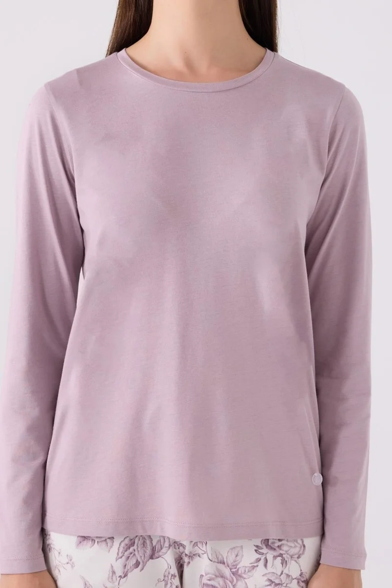Arnetta Women's Lilac Long Sleeve Seasonal Pajama Set, Plain Top and Floral Printed Bottom