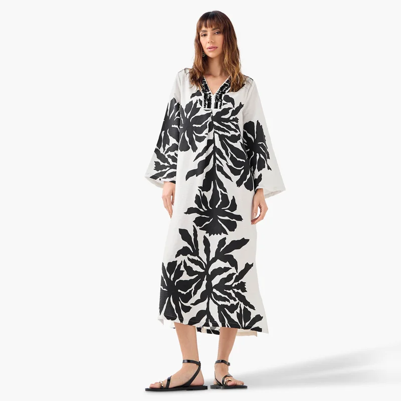 ايكونيك Iconic Embellished V-neck Dress with Slits and Long Sleeves
