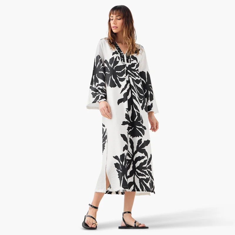 ايكونيك Iconic Embellished V-neck Dress with Slits and Long Sleeves