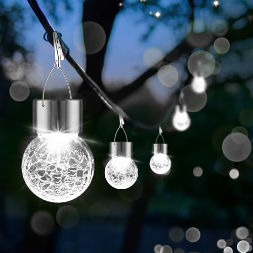 PARTPHONER 12 Pack Hanging Solar Lights Outdoor, Waterproof Solar Globe Lantern with Handle and Clip, Decorative Cracked Glass Ball Lights for Christmas Decor, Tree, Yard, Garden, Patio (Cold White) - Image 2