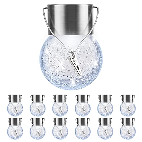 PARTPHONER 12 Pack Hanging Solar Lights Outdoor, Waterproof Solar Globe Lantern with Handle and Clip, Decorative Cracked Glass Ball Lights for Christmas Decor, Tree, Yard, Garden, Patio (Cold White) - Image 1