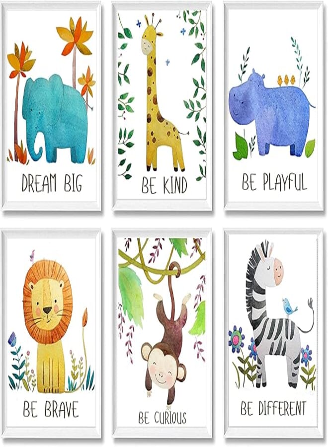 Baby Nursery Decor - Jungle Safari Animal Unframed Wall Art -Set of 6 Posters 8x10 - Lion, Giraffe, Elephant, Monkey, Zebra, Hippo with Inspirational Quotes for Boy Girl Kids 