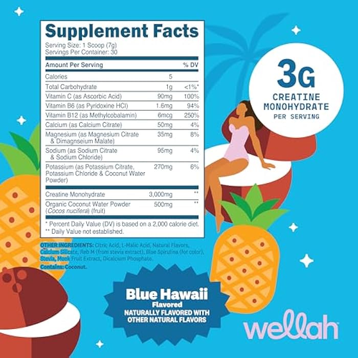 Wellah Creatine + Hydration Powder (Blue Hawaii) 30 Servings - Electrolyte Drink with 3g of Creatine Monohydrate - Image 2