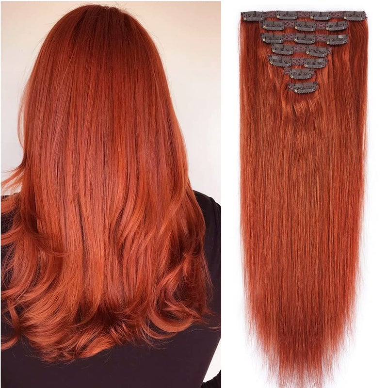 FAAAL 18 Clip in Human Hair Extensions Full Head 150g 7 Pieces 16 Clips 350 Copper Red Double Weft Brazilian Real Remy Hair Extensions Thick Straight Silky 18 150g 350