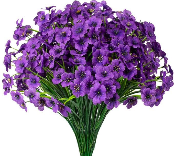 15 BUNDLES ARTIFICIAL FLOWERS UV RESISTANT OUTDOOR PLANTS NO FADE FAUX PLASTIC SHRUBS FAKE SILK FLOWERS WINDOW BOX GARDEN PORCH HOME DECORATIONPURPLE