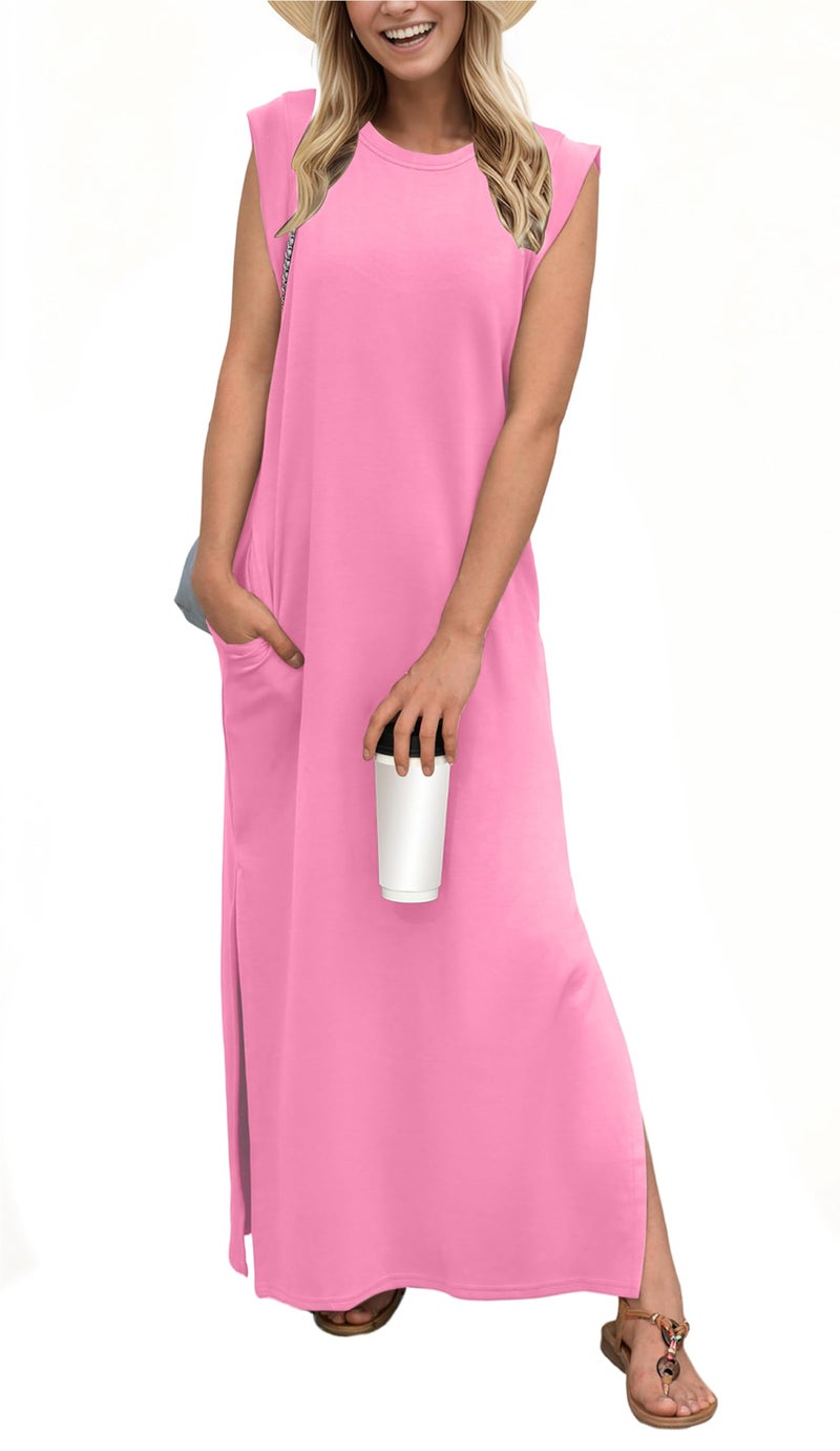 GRECERELLE Women Summer Petite Round Neck Loose Split Casual Maxi Dress with Pockets (X-Small, Rose Red) - Image 1