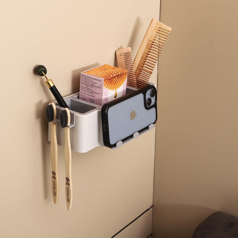 Jinila حامل فرشاة الأسنان البلاستيكي متعدد الاستخدامات مع حامل موبايل مثبت على الحائط بملصق سحري ذاتي اللصق (عبوة من 1، رمادي وكريم) - Image 4