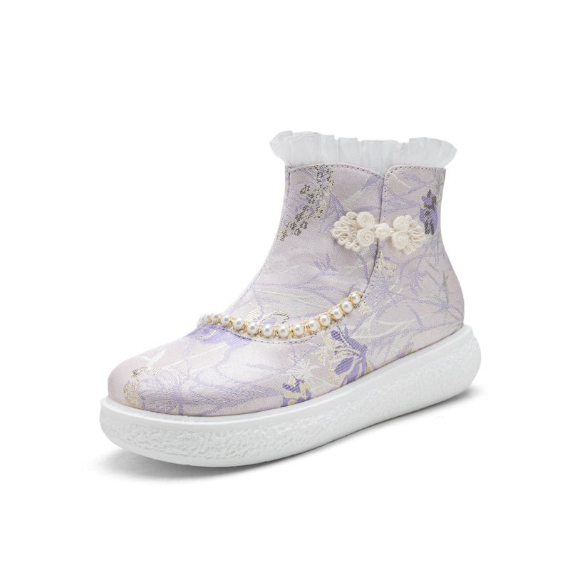 Supply 2024 National Style Chinese Clothing Short Boots 30-43 Sweet Pearl Lace Low Boots Women - Image 1