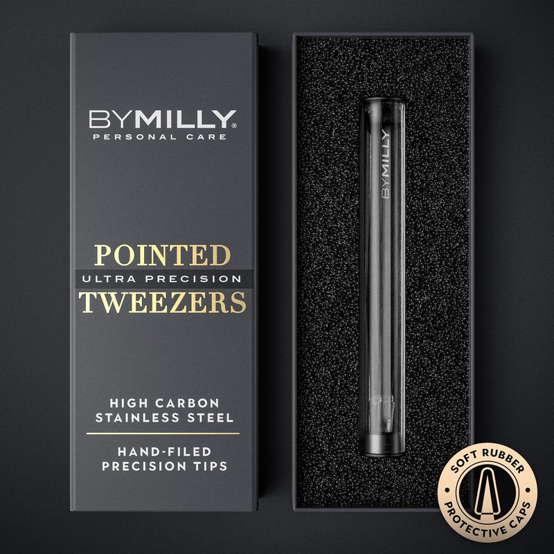 By MILLY ملقط مدبب | من الفولاذ المقاوم للصدأ عالي الكربون | لإزالة الشعر بدقة عالية | حاد ومصقول يدويًا | أسود - Image 2