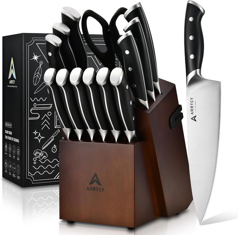 Arrtcy Knife Set with Block, Kitchen Knife Set 15-Piece with Sharpener - High Carbon Stainless Steel Dishwasher Safe Knives with Ergonomic Handles for Chef & Home - Image 1