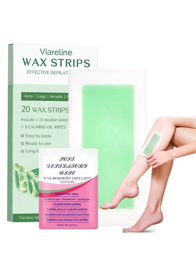 Viareline Wax Strips, Wax Kit for Women & Men - Brazilian Wax Kit, Back Waxing Kit, All Skin Types, Face, Arms, Legs, Armpits, 98% Natural, Hypoallergenic Odourless, Green，Include x 10 double sided strips+5Calming Oil Wipes - Image 1