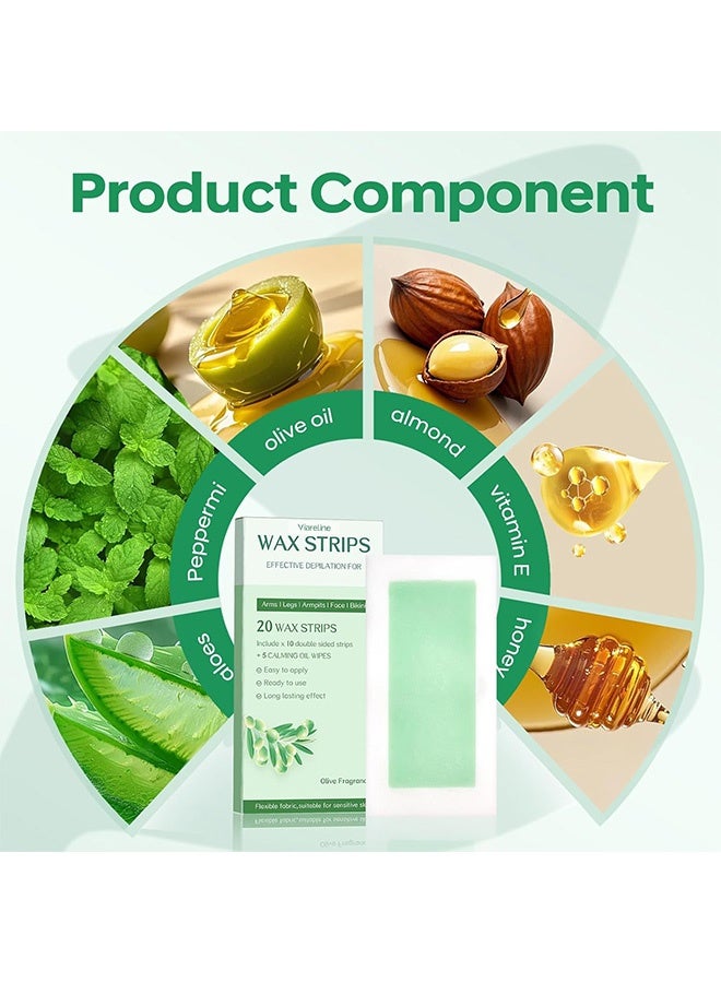 Viareline Wax Strips, Wax Kit for Women & Men - Brazilian Wax Kit, Back Waxing Kit, All Skin Types, Face, Arms, Legs, Armpits, 98% Natural, Hypoallergenic Odourless, Green，Include x 10 double sided strips+5Calming Oil Wipes - Image 3