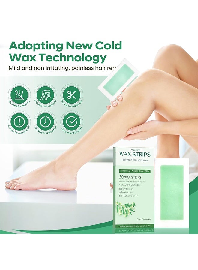 Viareline Wax Strips, Wax Kit for Women & Men - Brazilian Wax Kit, Back Waxing Kit, All Skin Types, Face, Arms, Legs, Armpits, 98% Natural, Hypoallergenic Odourless, Green，Include x 10 double sided strips+5Calming Oil Wipes - Image 2