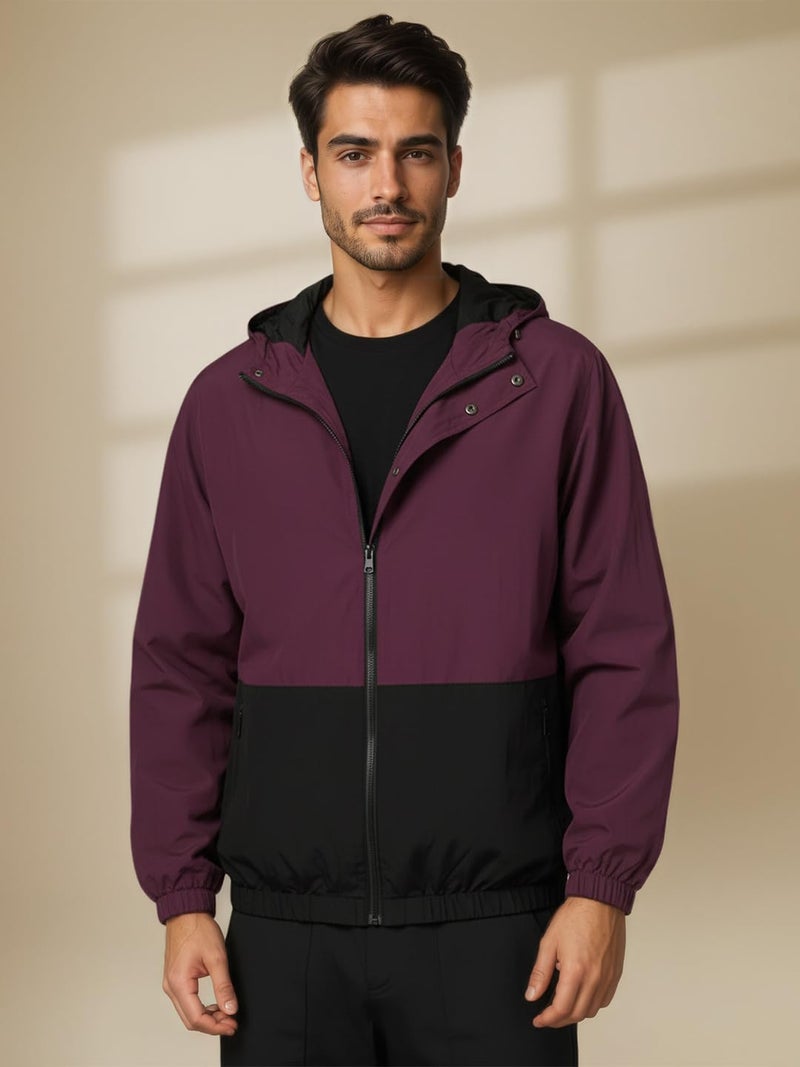 CHKOKKO Mens Stylish Oversized Windcheater Jacket with Zip Closure Lightweight Sportswear for Running Travel Hiking Outdoor and Rainy Season Wear MaroonBlack M - Image 2