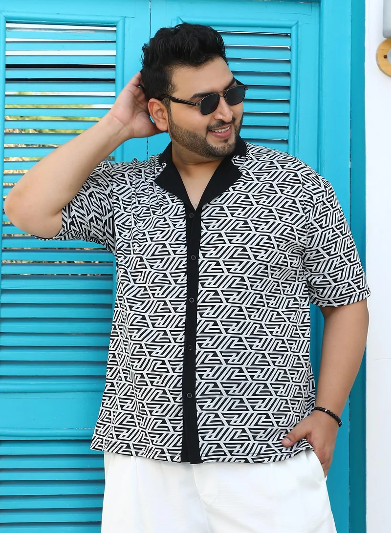 انستافاب بلس Instafab Plus Men's Black & White Angleline-Imprint Cuban-Polo Shirt For Casual Wear | Polo Neck | Short Sleeves | Button Closure | Plus Size Shirt Crafted With Comfort Fit For Everyday Wear