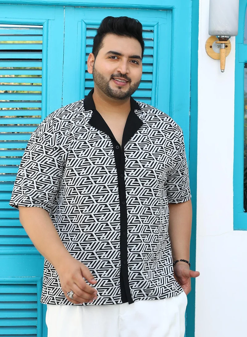 انستافاب بلس Instafab Plus Men's Black & White Angleline-Imprint Cuban-Polo Shirt For Casual Wear | Polo Neck | Short Sleeves | Button Closure | Plus Size Shirt Crafted With Comfort Fit For Everyday Wear
