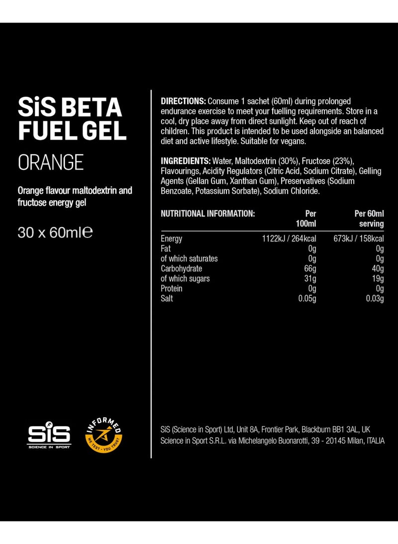SIS Beta Fuel Energy Gels | 40g Carbohydrates | 1:0.8 Maltodextrin:Fructose Ratio | Easily Digestible | Gluten Free | No Water Needed | Running Gels | Orange Flavour | 30 Pack - Image 5