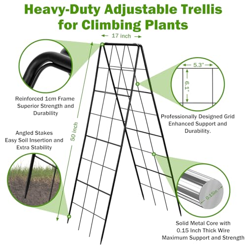 HIHADUUM 2 Pack 50" Tall A Frame Trellis for Climbing Plants Outdoor (50" X 17") – Heavy Duty Garden Adjustable Trellis, Metal Trellis for Cucumbers, Beans, Tomatoes, Grapes, and Vining Vegetables - Image 2