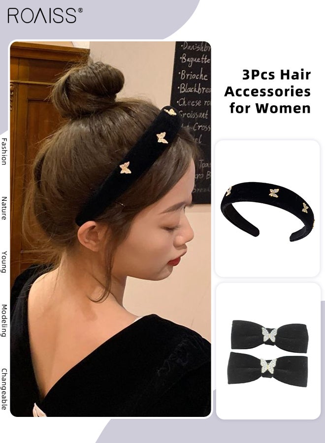roaiss 3Pcs Hair Accessories for Women, Black Velvet Headband and Two Black Flocked Bow Hairpins Set Decorated with Rhinestone Butterfly Pattern - Image 1